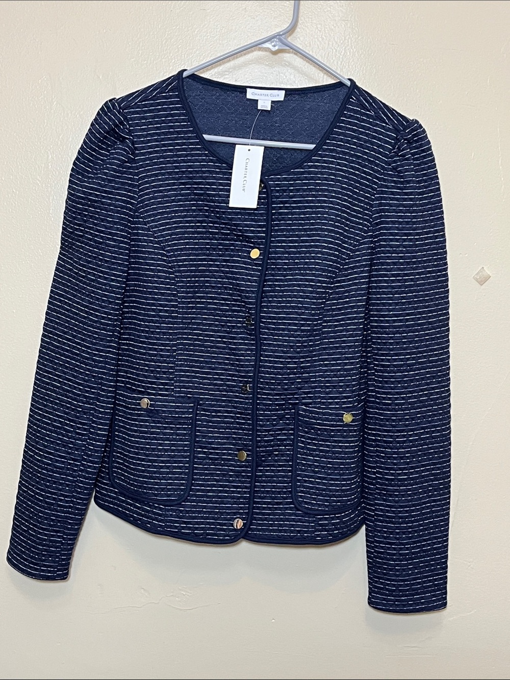 Charter Club Navy Striped Knit Blazer with Gold Buttons